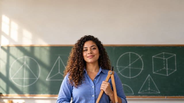 Professora de exatas sorrindo, com camisa social azul, segurando um compasso de madeira, em uma sala de aula com lousa coberta de formas geométricas