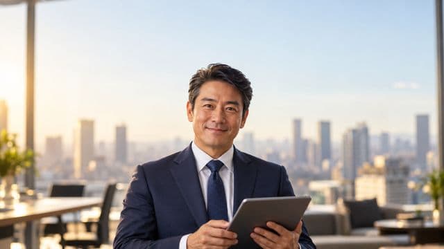 Analista financeiro sorrindo, com terno azul-marinho, segurando um tablet, em um escritório corporativo com vista para a cidade