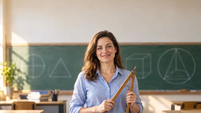 Professora de exatas sorrindo, com camisa social azul, segurando um compasso de madeira, em uma sala de aula com lousa coberta de formas geométricas