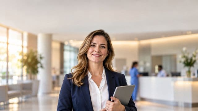 Gestora hospitalar sorrindo, com blazer azul-marinho sobre camisa branca, segurando um tablet, em a recepção de um hospital moderno