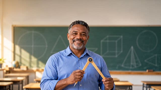 Professor de exatas sorrindo, com camisa social azul, segurando um compasso de madeira, em uma sala de aula com lousa coberta de formas geométricas