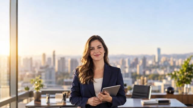 Analista financeira sorrindo, com terno azul-marinho, segurando um tablet, em um escritório corporativo com vista para a cidade
