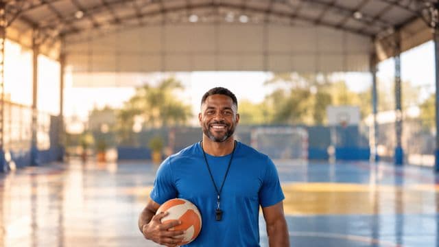 Profissional de educação física sorrindo, com camiseta esportiva azul e apito no pescoço, segurando uma bola, em uma quadra poliesportiva coberta e bem iluminada