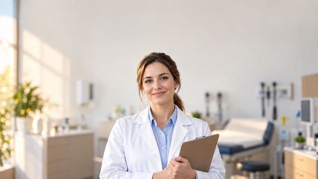 Profissional de saúde sorrindo, com jaleco branco sobre camisa azul-clara, segurando uma prancheta, em uma clínica moderna e bem iluminada