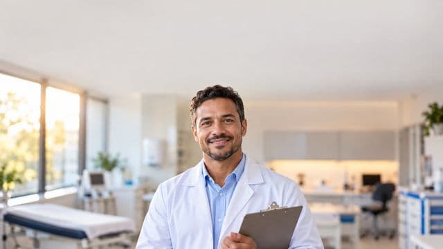 Profissional de saúde sorrindo, com jaleco branco sobre camisa azul-clara, segurando uma prancheta, em uma clínica moderna e bem iluminada