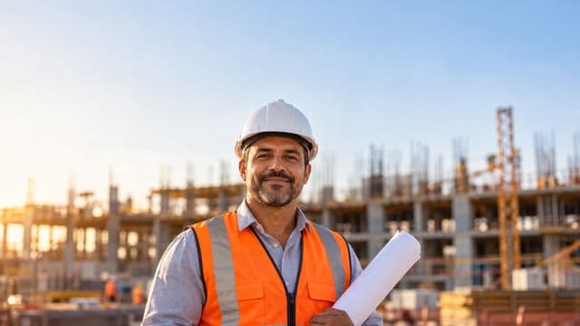 Engenheiro civil sorrindo, com capacete branco e colete refletivo laranja, segurando uma planta da obra enrolada, em um canteiro de obras com a estrutura de um prédio