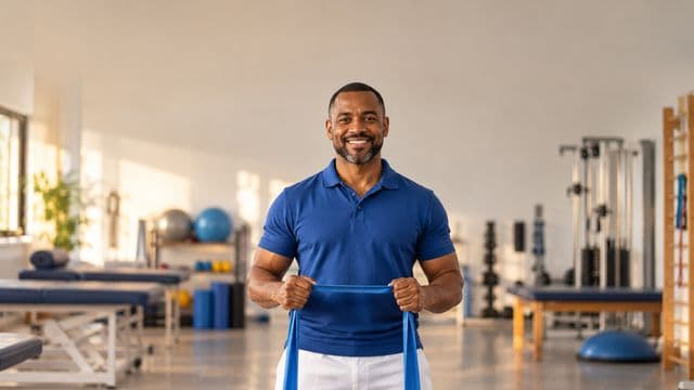 Fisioterapeuta sorrindo, com camisa polo azul e calça branca, segurando uma faixa elástica de exercício, em uma clínica de fisioterapia com macas e aparelhos