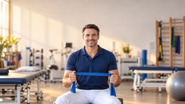 Fisioterapeuta sorrindo, com camisa polo azul e calça branca, segurando uma faixa elástica de exercício, em uma clínica de fisioterapia com macas e aparelhos