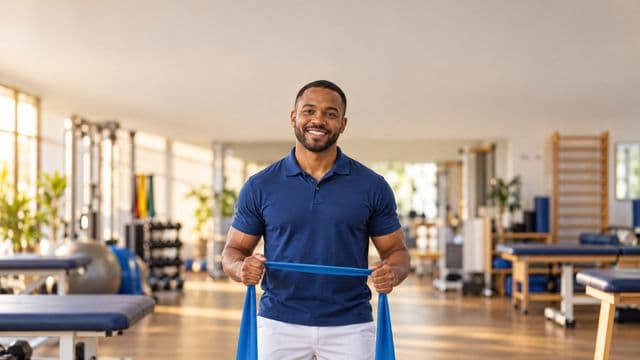 Fisioterapeuta sorrindo, com camisa polo azul e calça branca, segurando uma faixa elástica de exercício, em uma clínica de fisioterapia com macas e aparelhos