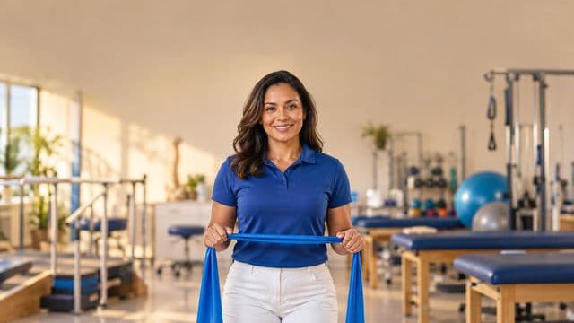 Fisioterapeuta sorrindo, com camisa polo azul e calça branca, segurando uma faixa elástica de exercício, em uma clínica de fisioterapia com macas e aparelhos
