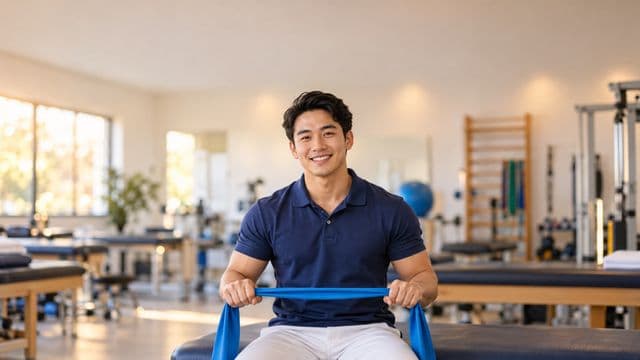 Fisioterapeuta sorrindo, com camisa polo azul e calça branca, segurando uma faixa elástica de exercício, em uma clínica de fisioterapia com macas e aparelhos