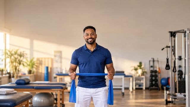 Fisioterapeuta sorrindo, com camisa polo azul e calça branca, segurando uma faixa elástica de exercício, em uma clínica de fisioterapia com macas e aparelhos