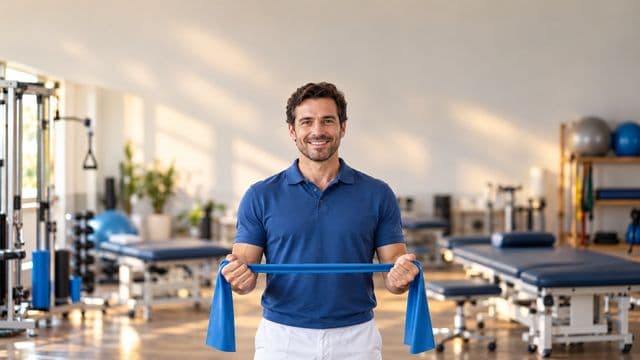 Fisioterapeuta sorrindo, com camisa polo azul e calça branca, segurando uma faixa elástica de exercício, em uma clínica de fisioterapia com macas e aparelhos