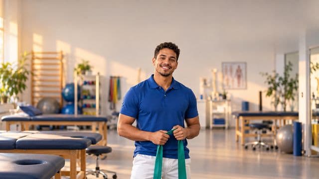 Fisioterapeuta sorrindo, com camisa polo azul e calça branca, segurando uma faixa elástica de exercício, em uma clínica de fisioterapia com macas e aparelhos
