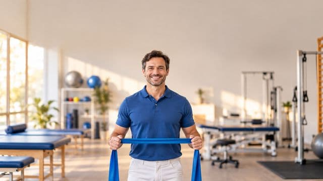 Fisioterapeuta sorrindo, com camisa polo azul e calça branca, segurando uma faixa elástica de exercício, em uma clínica de fisioterapia com macas e aparelhos