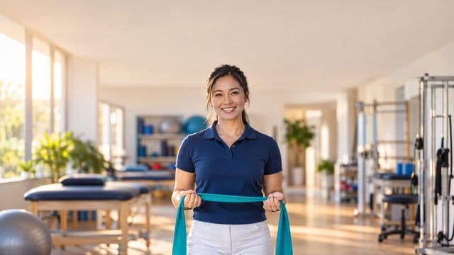 Fisioterapeuta sorrindo, com camisa polo azul e calça branca, segurando uma faixa elástica de exercício, em uma clínica de fisioterapia com macas e aparelhos