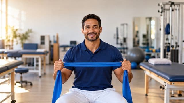 Fisioterapeuta sorrindo, com camisa polo azul e calça branca, segurando uma faixa elástica de exercício, em uma clínica de fisioterapia com macas e aparelhos