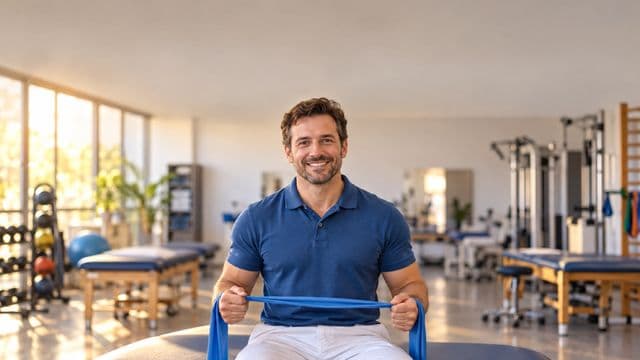 Fisioterapeuta sorrindo, com camisa polo azul e calça branca, segurando uma faixa elástica de exercício, em uma clínica de fisioterapia com macas e aparelhos