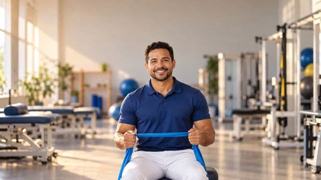 Fisioterapeuta sorrindo, com camisa polo azul e calça branca, segurando uma faixa elástica de exercício, em uma clínica de fisioterapia com macas e aparelhos