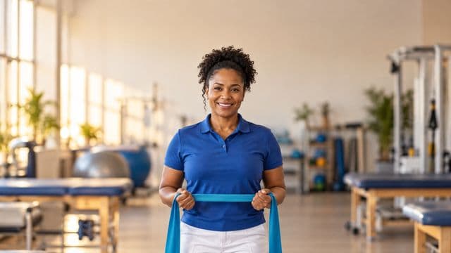 Fisioterapeuta sorrindo, com camisa polo azul e calça branca, segurando uma faixa elástica de exercício, em uma clínica de fisioterapia com macas e aparelhos