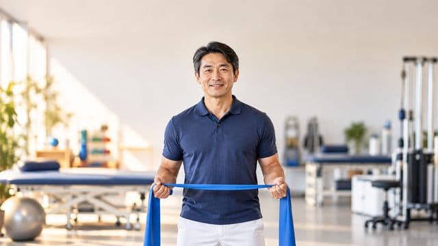 Fisioterapeuta sorrindo, com camisa polo azul e calça branca, segurando uma faixa elástica de exercício, em uma clínica de fisioterapia com macas e aparelhos