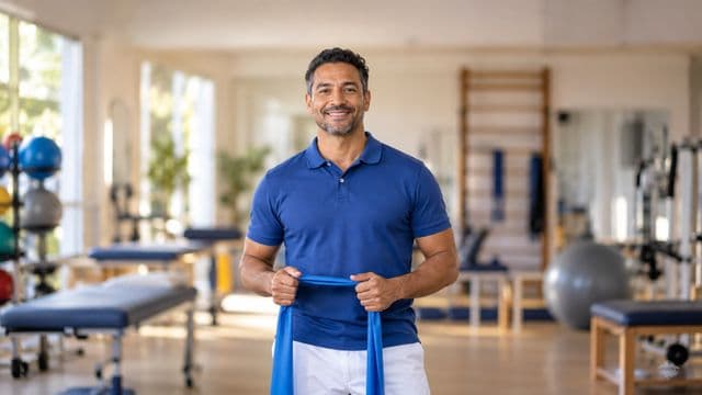 Fisioterapeuta sorrindo, com camisa polo azul e calça branca, segurando uma faixa elástica de exercício, em uma clínica de fisioterapia com macas e aparelhos