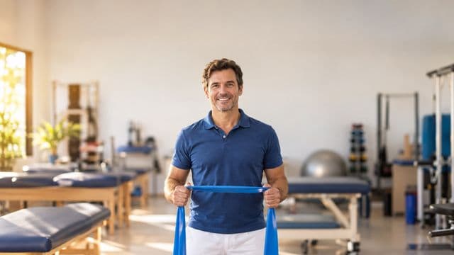Fisioterapeuta sorrindo, com camisa polo azul e calça branca, segurando uma faixa elástica de exercício, em uma clínica de fisioterapia com macas e aparelhos