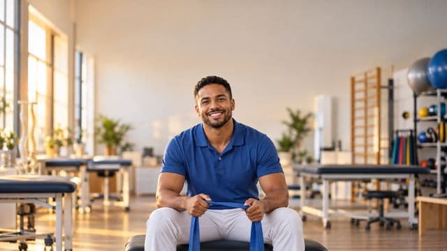 Fisioterapeuta sorrindo, com camisa polo azul e calça branca, segurando uma faixa elástica de exercício, em uma clínica de fisioterapia com macas e aparelhos