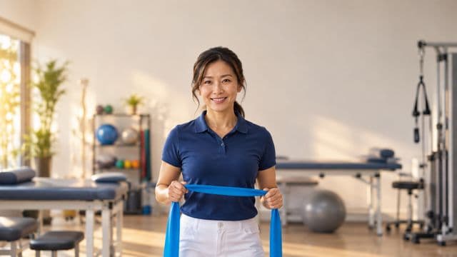 Fisioterapeuta sorrindo, com camisa polo azul e calça branca, segurando uma faixa elástica de exercício, em uma clínica de fisioterapia com macas e aparelhos