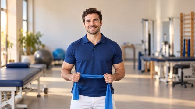 Fisioterapeuta sorrindo, com camisa polo azul e calça branca, segurando uma faixa elástica de exercício, em uma clínica de fisioterapia com macas e aparelhos