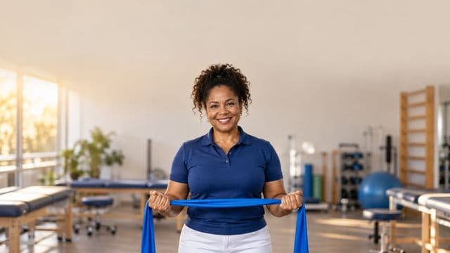 Fisioterapeuta sorrindo, com camisa polo azul e calça branca, segurando uma faixa elástica de exercício, em uma clínica de fisioterapia com macas e aparelhos