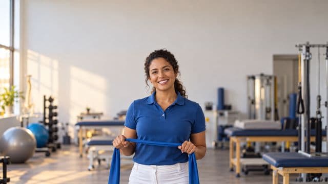 Fisioterapeuta sorrindo, com camisa polo azul e calça branca, segurando uma faixa elástica de exercício, em uma clínica de fisioterapia com macas e aparelhos