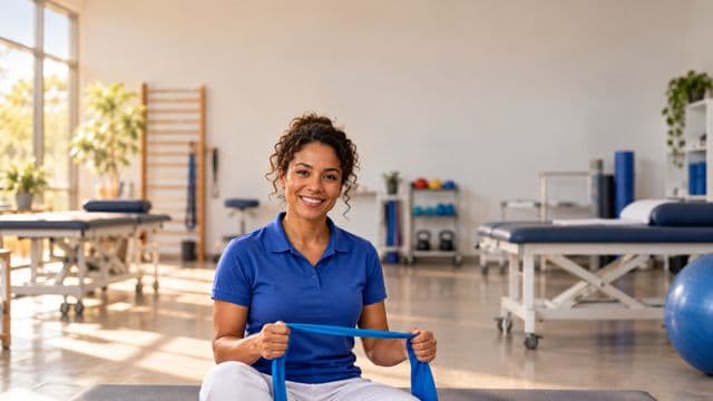 Fisioterapeuta sorrindo, com camisa polo azul e calça branca, segurando uma faixa elástica de exercício, em uma clínica de fisioterapia com macas e aparelhos
