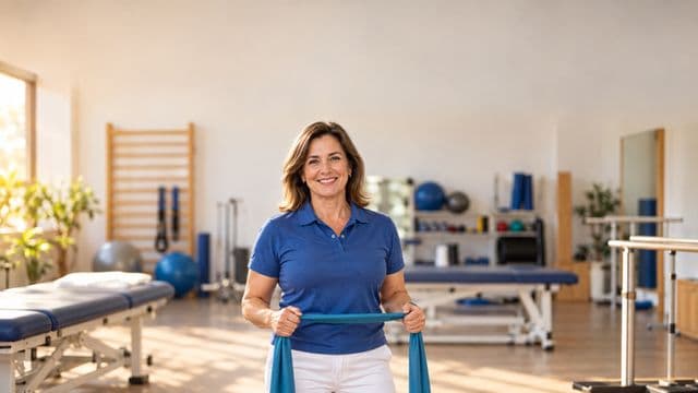 Fisioterapeuta sorrindo, com camisa polo azul e calça branca, segurando uma faixa elástica de exercício, em uma clínica de fisioterapia com macas e aparelhos