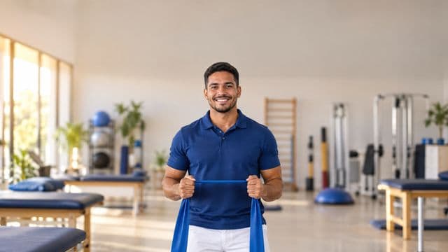 Fisioterapeuta sorrindo, com camisa polo azul e calça branca, segurando uma faixa elástica de exercício, em uma clínica de fisioterapia com macas e aparelhos
