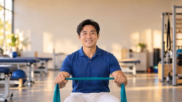 Fisioterapeuta sorrindo, com camisa polo azul e calça branca, segurando uma faixa elástica de exercício, em uma clínica de fisioterapia com macas e aparelhos