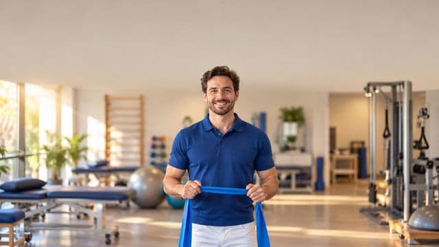 Fisioterapeuta sorrindo, com camisa polo azul e calça branca, segurando uma faixa elástica de exercício, em uma clínica de fisioterapia com macas e aparelhos