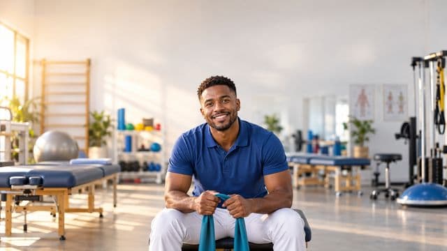Fisioterapeuta sorrindo, com camisa polo azul e calça branca, segurando uma faixa elástica de exercício, em uma clínica de fisioterapia com macas e aparelhos