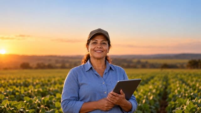 Engenheira agrônoma sorrindo, com camisa azul de mangas compridas e boné, segurando um tablet, em uma plantação extensa no fim da tarde