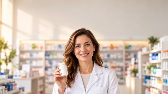 Farmacêutica sorrindo, com jaleco branco, segurando um frasco de medicamento sem rótulo legível, em uma farmácia moderna com prateleiras organizadas