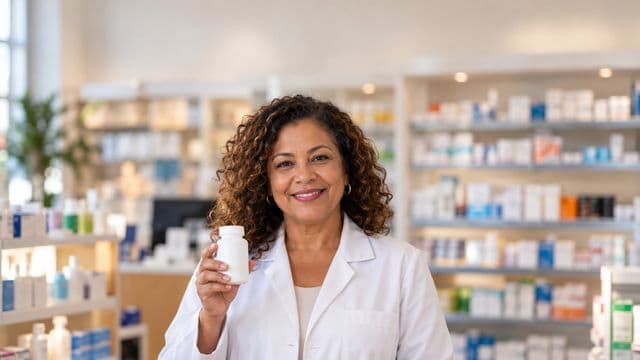 Farmacêutica sorrindo, com jaleco branco, segurando um frasco de medicamento sem rótulo legível, em uma farmácia moderna com prateleiras organizadas