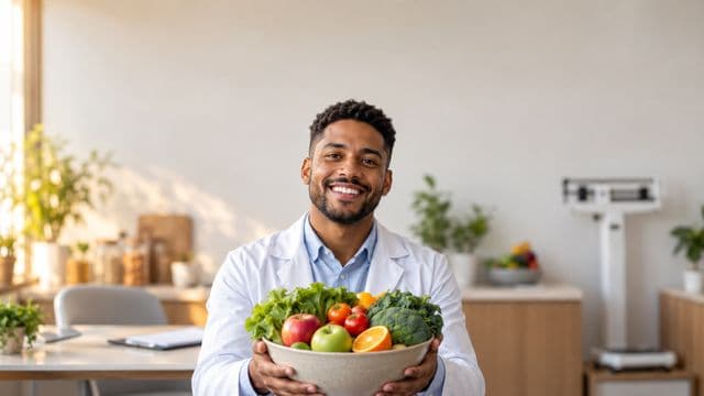 Nutricionista sorrindo, com jaleco branco sobre camisa azul-clara, segurando uma tigela de frutas e legumes frescos, em um consultório de nutrição claro com bancada e balança