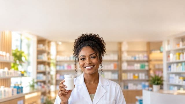 Farmacêutica sorrindo, com jaleco branco, segurando um frasco de medicamento sem rótulo legível, em uma farmácia moderna com prateleiras organizadas