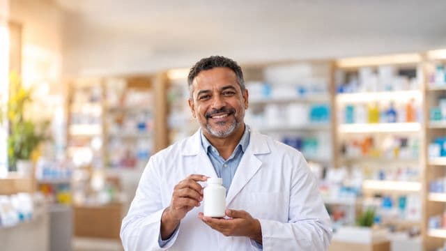Farmacêutico sorrindo, com jaleco branco, segurando um frasco de medicamento sem rótulo legível, em uma farmácia moderna com prateleiras organizadas