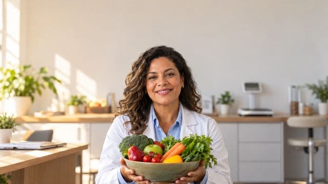 Nutricionista sorrindo, com jaleco branco sobre camisa azul-clara, segurando uma tigela de frutas e legumes frescos, em um consultório de nutrição claro com bancada e balança