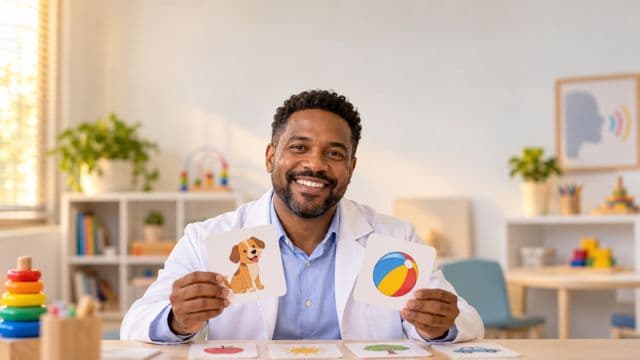 Fonoaudiólogo sorrindo, com jaleco branco sobre camisa azul-clara, segurando cartões ilustrados de fala, em um consultório de fonoaudiologia claro e acolhedor