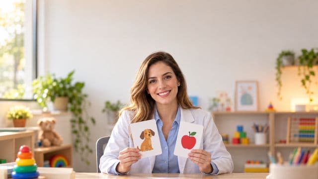 Fonoaudióloga sorrindo, com jaleco branco sobre camisa azul-clara, segurando cartões ilustrados de fala, em um consultório de fonoaudiologia claro e acolhedor