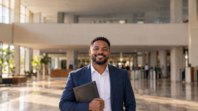 Servidor público sorrindo, com blazer azul-marinho sobre camisa branca, segurando uma pasta, em o saguão amplo de um prédio público moderno