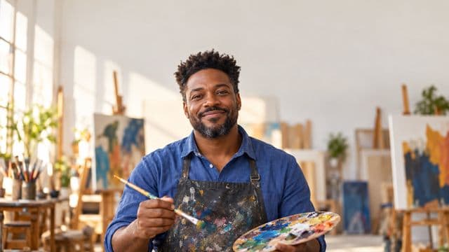 Arte-educador sorrindo, com avental de ateliê sobre camisa azul, segurando um pincel e uma paleta de cores, em um ateliê de artes claro com telas e cavaletes