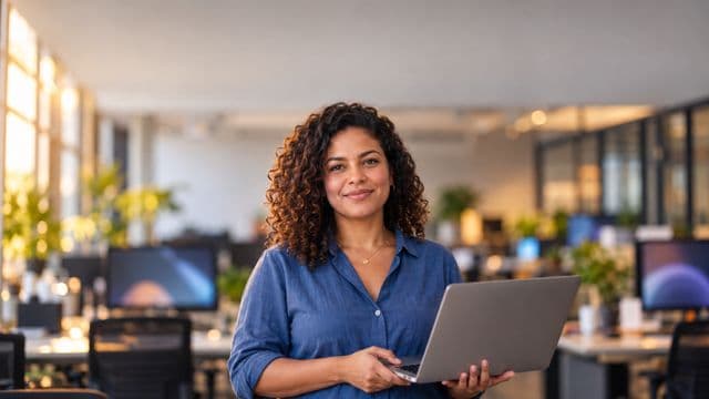 Profissional de tecnologia sorrindo, com camisa casual azul, segurando um notebook aberto, em um escritório de tecnologia moderno com monitores desfocados